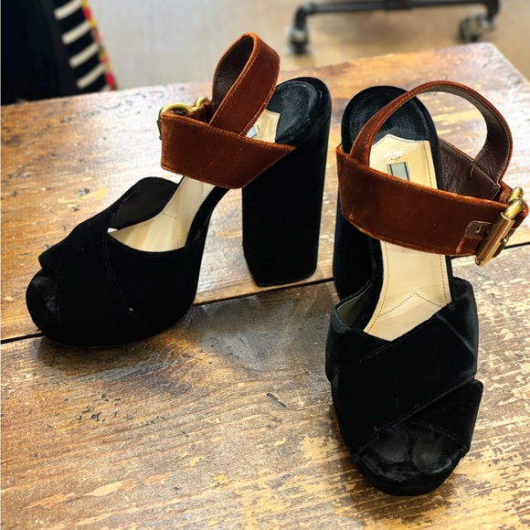 PRADA Velvet Black Copper Brown Velvet Platform Sandal Chunky Heels Gold Buckle - Picture 4 of 13